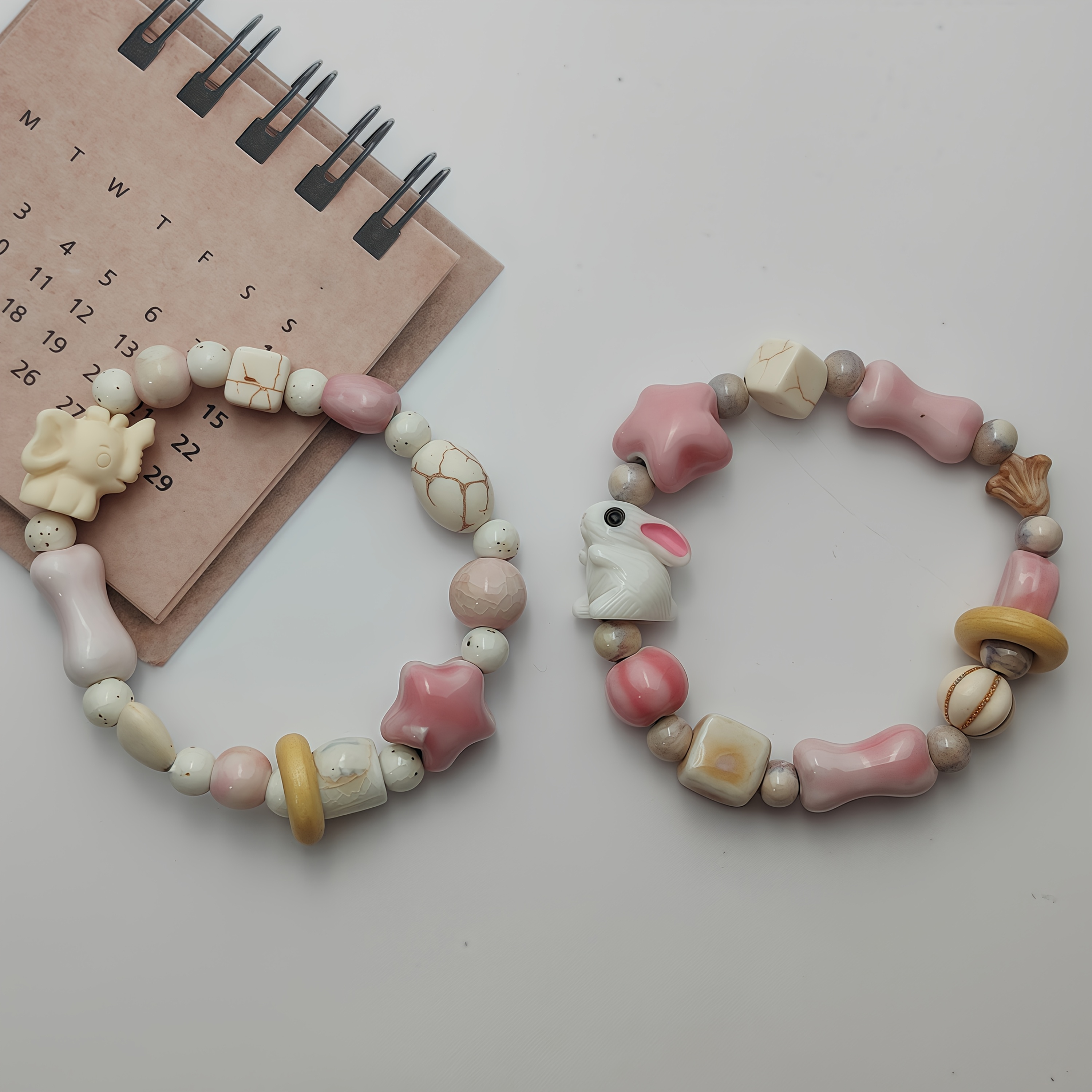 Vintage Style Ceramic Rabbit & Elephant Beaded Bracelet